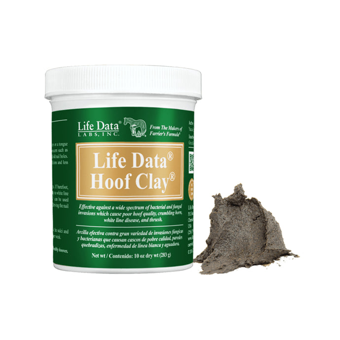 Hoof Clay® es una arcilla antimicrobiana flexible que se compacta fácilmente y permanece en su lugar en defectos de la pared del casco, agujeros de clavos antiguos, separaciones de la pared y grietas.