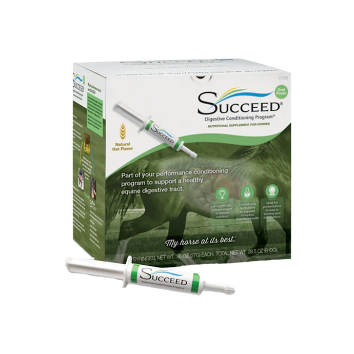 Succeed® Digestive Conditioning Paste es un suplemento premium diseñado para promover la salud digestiva completa del caballo, apoyando su bienestar general y rendimiento.