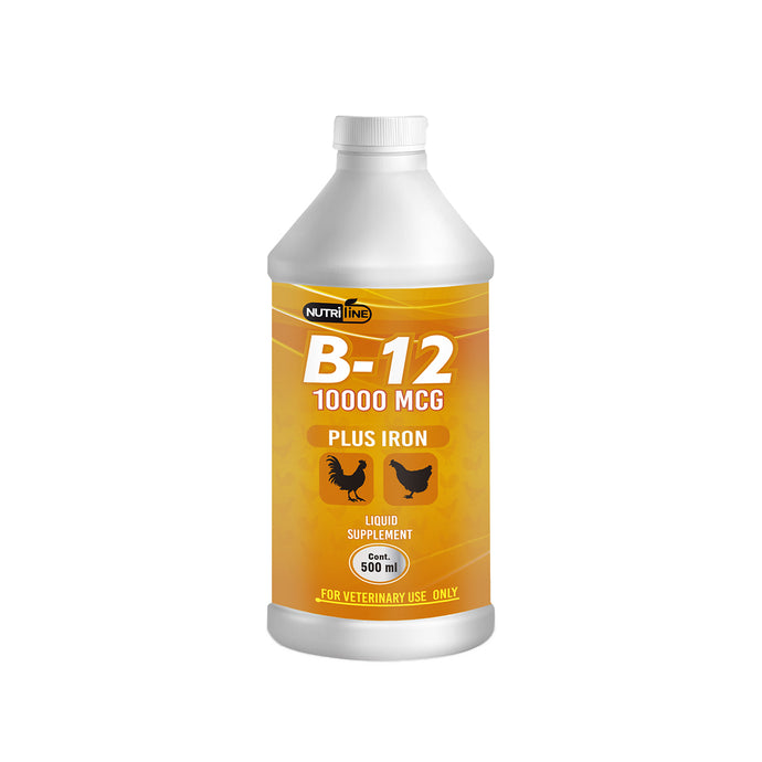 Vitamin B12 plus iron. Vitamina B12 es esencial para el sano crecimiento de las aves, ayuda desarrollo del sistema nervioso, la producción de glóbulos rojos y del tracto gastrointestinal. 